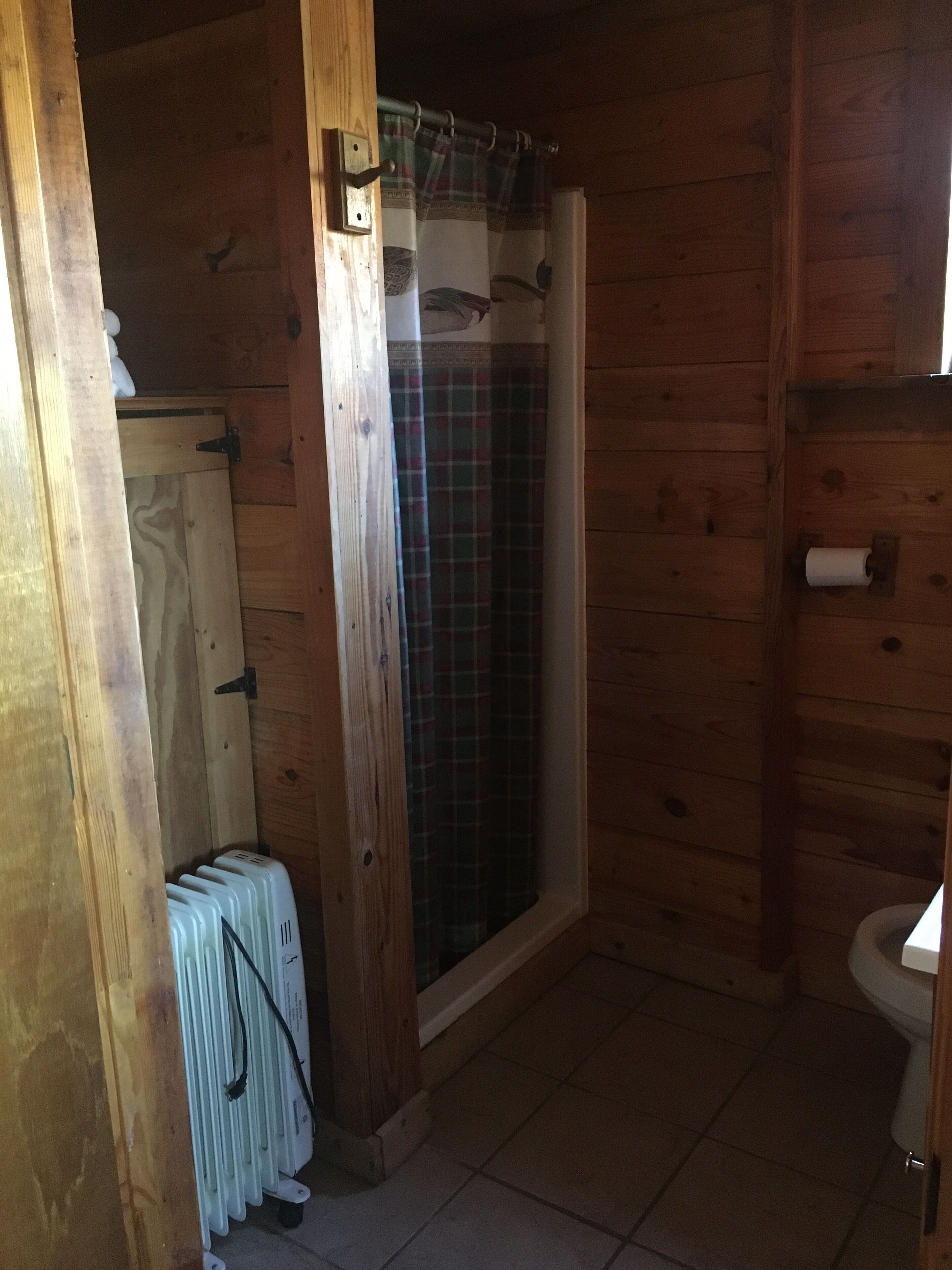 Baño de cabaña de madera con ducha, inodoro y radiador.