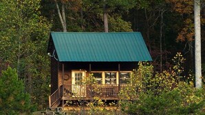 Una cabaña de madera con techo verde, rodeada de un bosque denso.