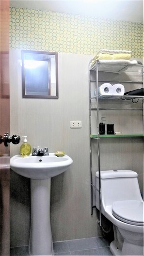 Shower, rainfall showerhead, free toiletries, hair dryer