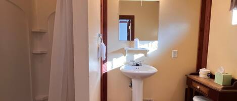 Un baño con ducha, lavamanos e inodoro.