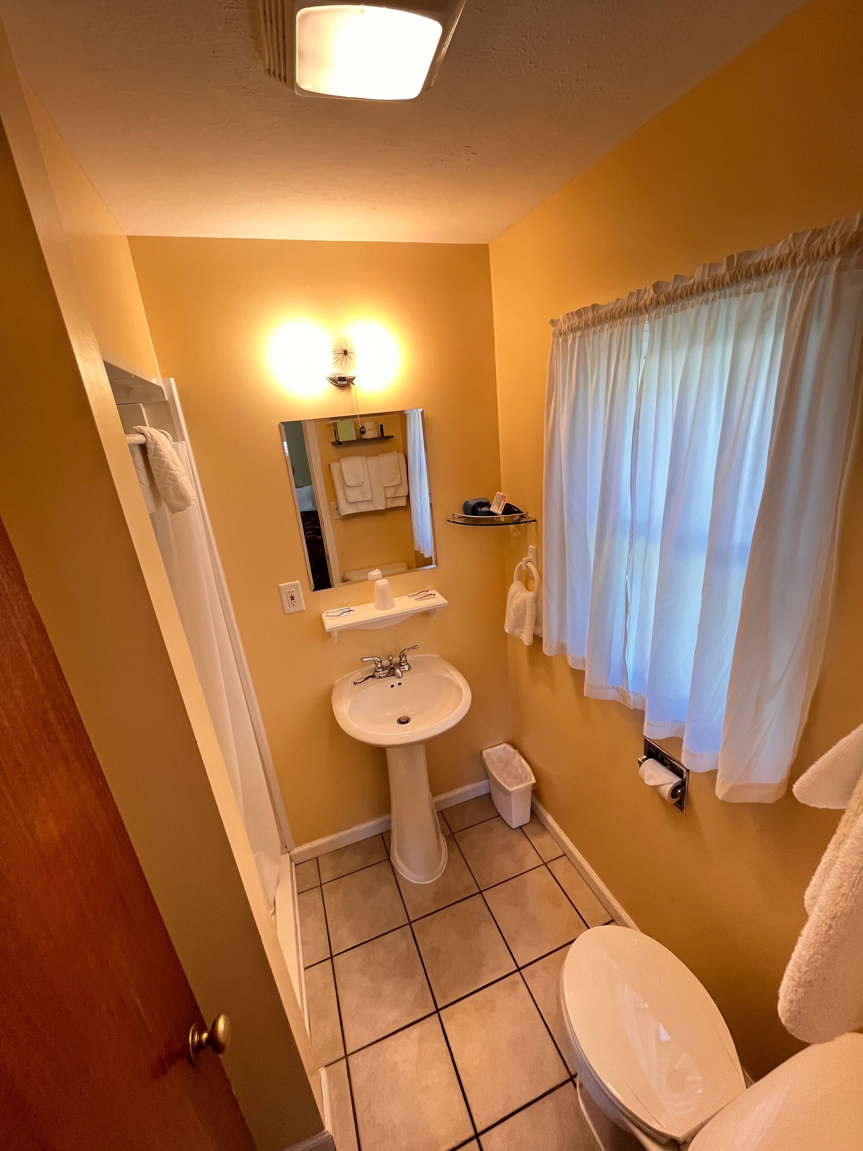 Een badkamer met een wastafel op een voetstuk, toilet en een spiegel boven de wastafel. Er is een handdoekhouder aan de muur en een prullenbak naast het toilet.