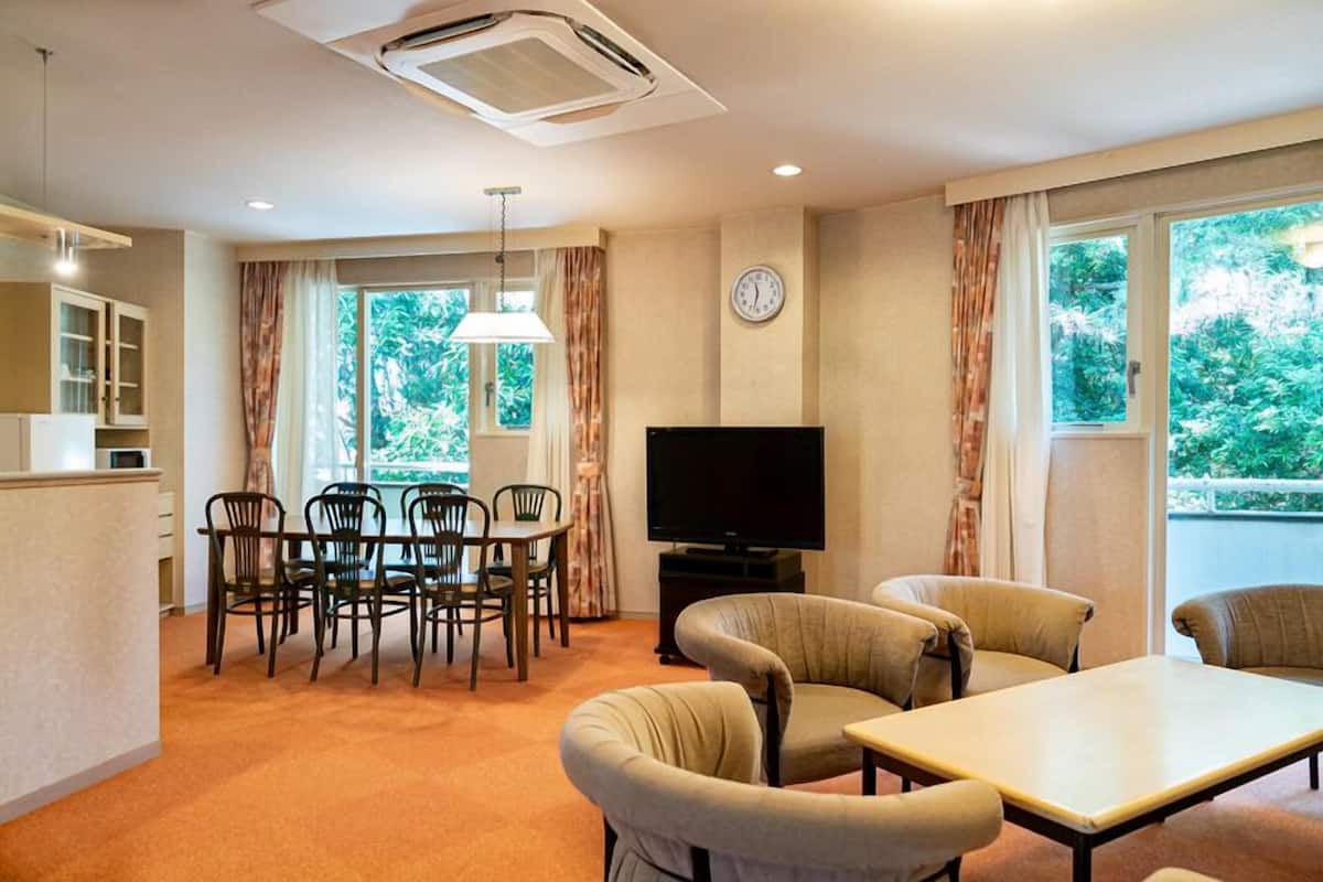 A living room with a TV, dining table, chairs, and a kitchen area with cabinets.