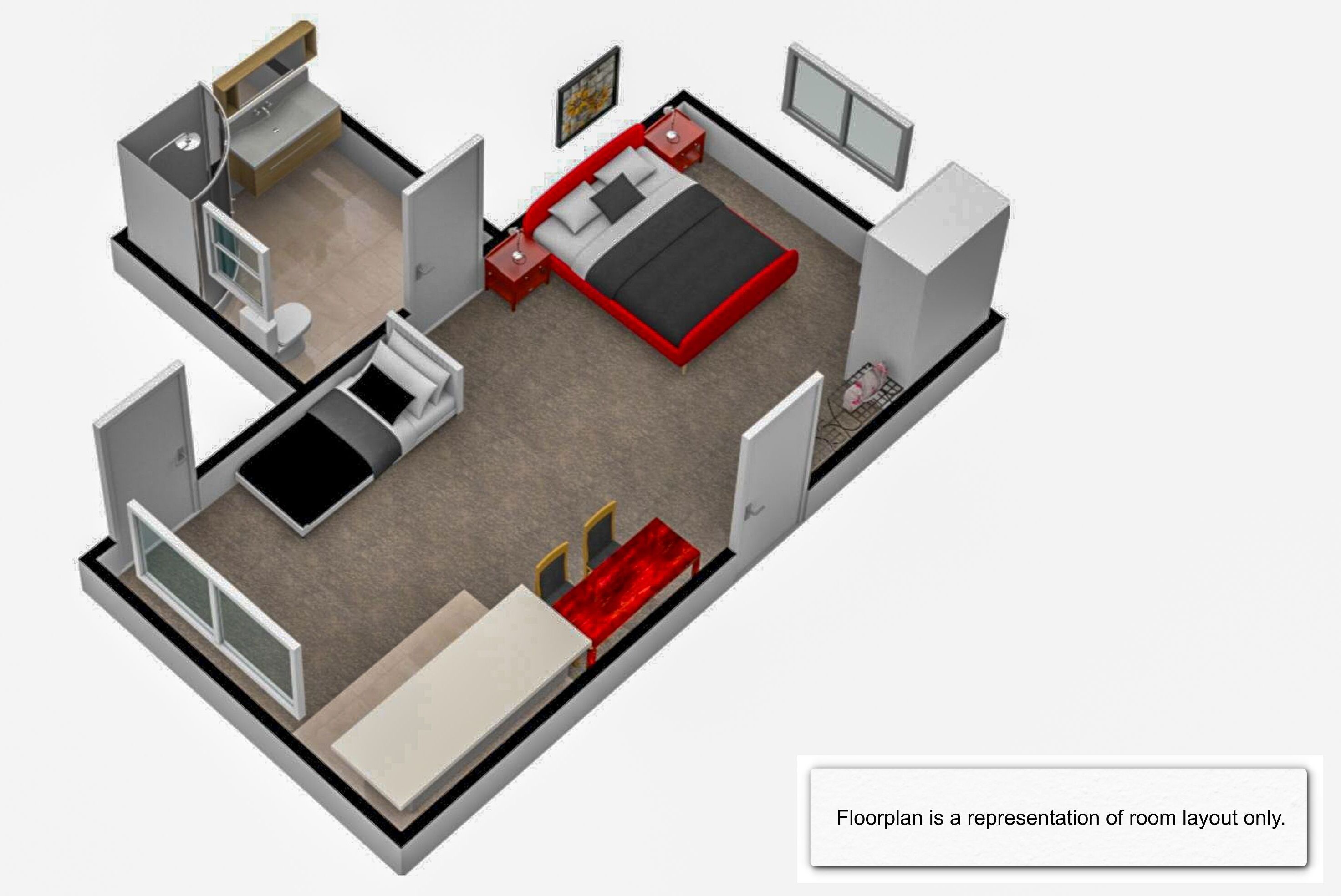 A 3D floor plan of a hotel room with a bed, a desk, a chair, a wardrobe, and a bathroom.