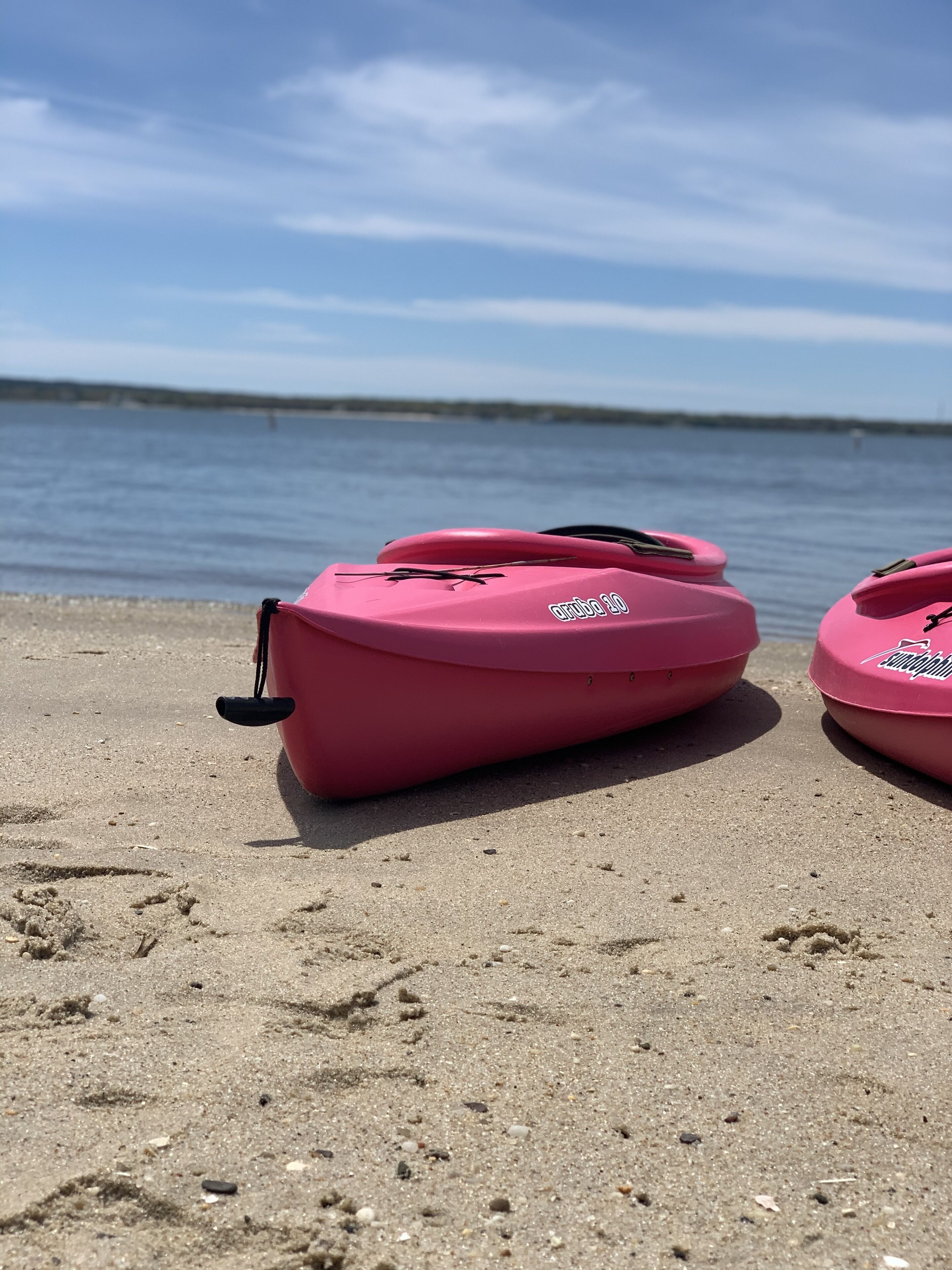 Des kayaks roses, portant l’inscription « Aruba 30 », sont posés sur une plage de sable, avec une mer calme et un ciel dégagé en arrière-plan.