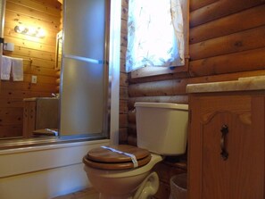 Une salle de bain rustique, aménagée dans une cabane en bois, avec des toilettes, un lavabo et un miroir.