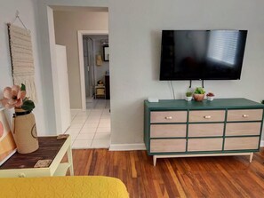 1 bedroom, desk, iron/ironing board, travel cot