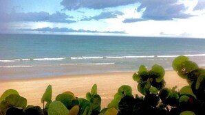A beach with waves, a clear sky, and green foliage in the foreground. - Boho Charm, Historic 1br -Steps to downtown (Melbourne)
