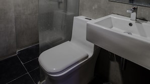 Un baño moderno con ducha de vidrio, inodoro blanco y lavabo con espejo.
