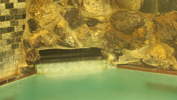 A spa area with a stone wall and a pool. - Hotel Sanraku (Yamanouchi)