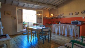 Une cuisine rustique avec un plancher en bois, une table à manger avec des chaises, une fenêtre ornée de plantes et un four à micro-ondes posé sur le comptoir.