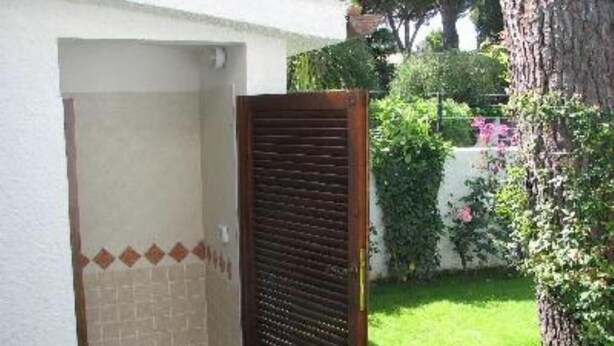 A door with a wooden shutter, a tiled wall, and a green lawn with a tree and some bushes.