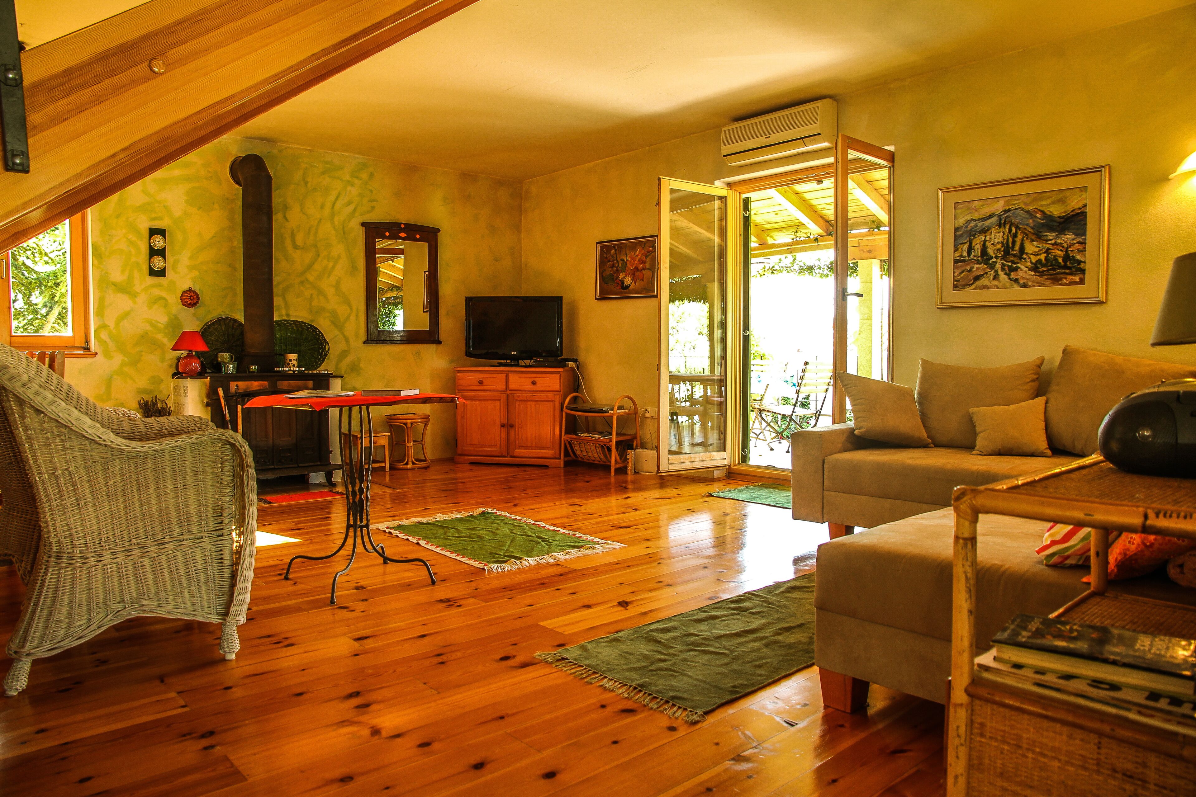 Televisio, takka, DVD-soitin, kirjoja