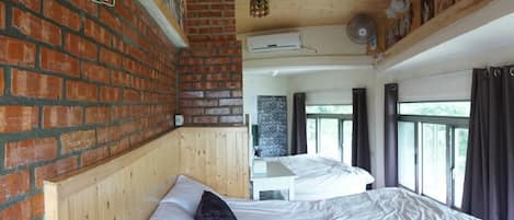 Desk, blackout drapes, rollaway beds