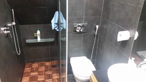Dusche, Haartrockner, Handtücher, Shampoo