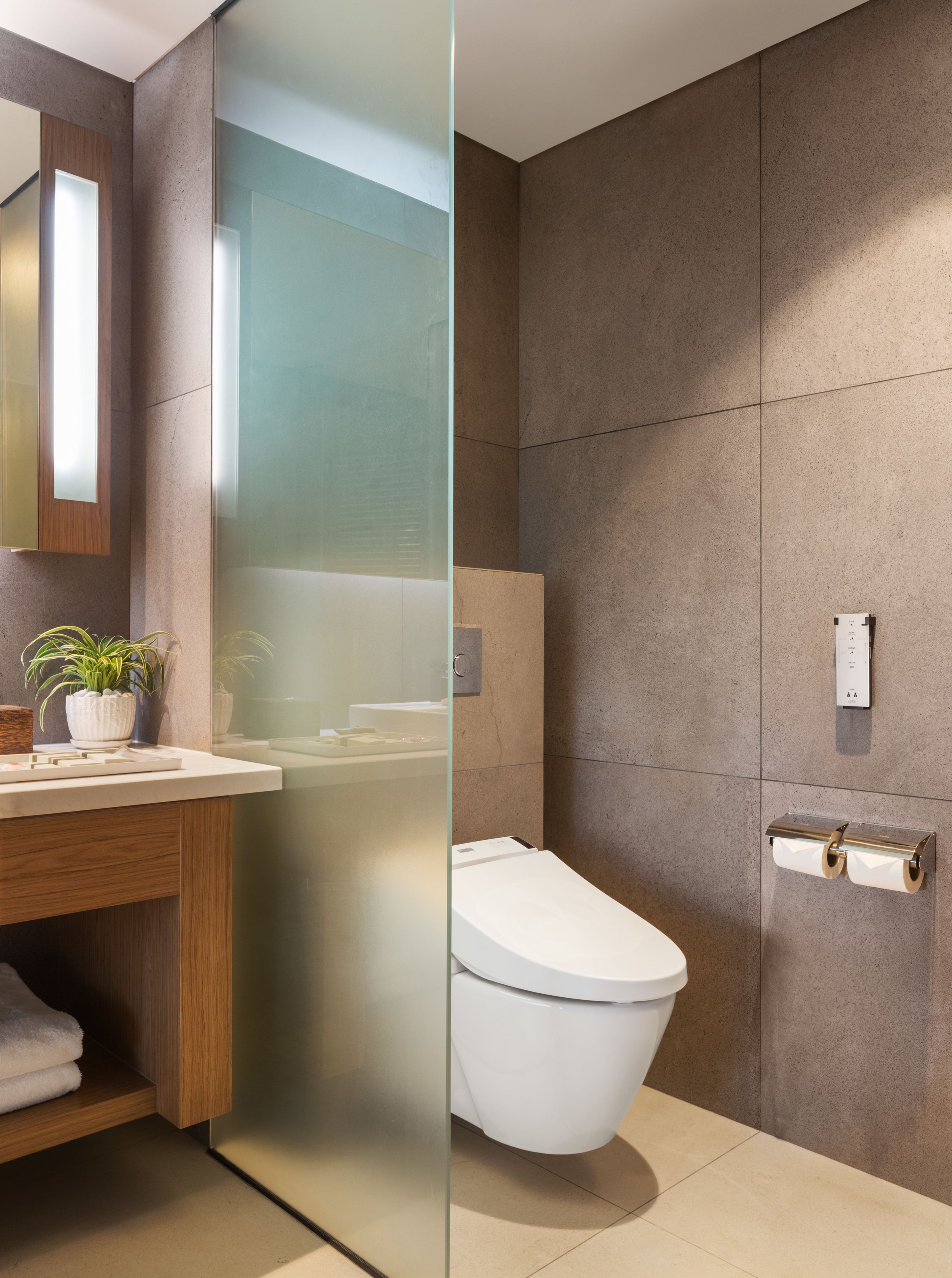A modern bathroom with a glass partition, a wooden vanity, a white toilet, and a towel rack.