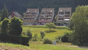Reihenhäuser mit geneigten Dächern, umgeben von Grünpflanzen und blauem Himmel.