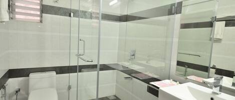 A modern bathroom with a glass-enclosed shower, a white toilet, and a sink with a mirror.