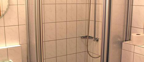 A shower with a glass door, a toilet, and a towel rack.