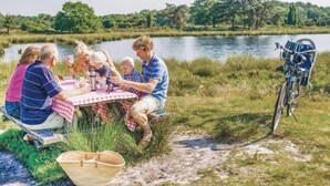A family dining outdoors by a lake with a picnic table and a bicycle nearby. - 3 bedroom nice home in Vledder (Vledder)