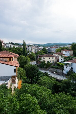 A residential area with houses, a narrow street, and a view of distant hills. - Kokkino Spiti Boutique Hotel (Veroia)