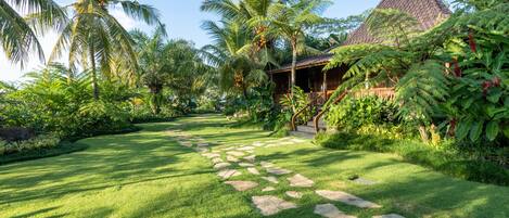 A tropical garden with a stone pathway leading to a wooden structure with a thatched roof.