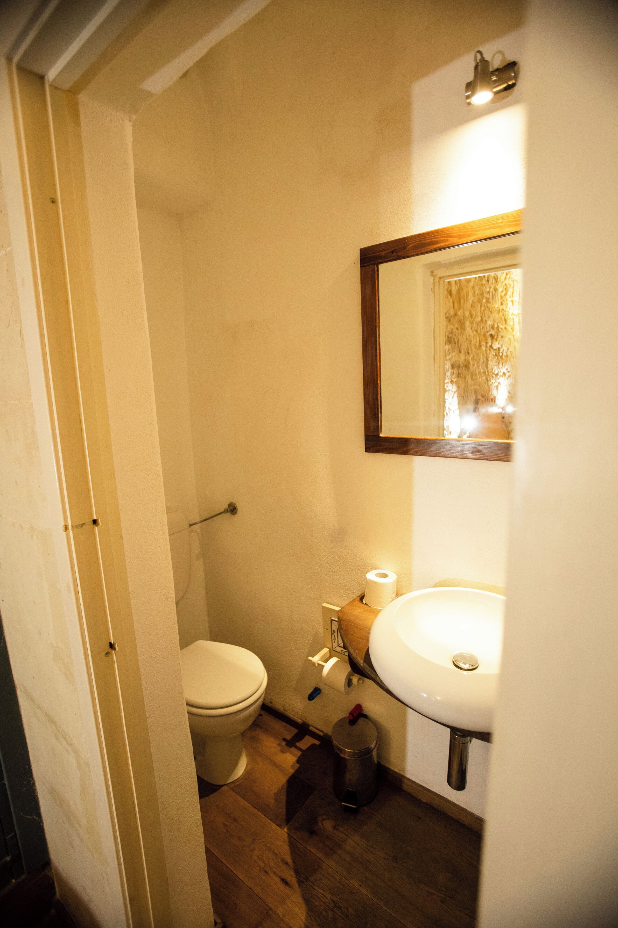A bathroom with a toilet, sink, mirror, and wooden flooring.
