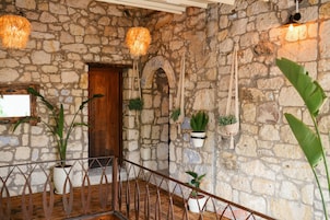 Un interior de paredes de piedra con una puerta de madera, plantas en macetas y luces colgantes.