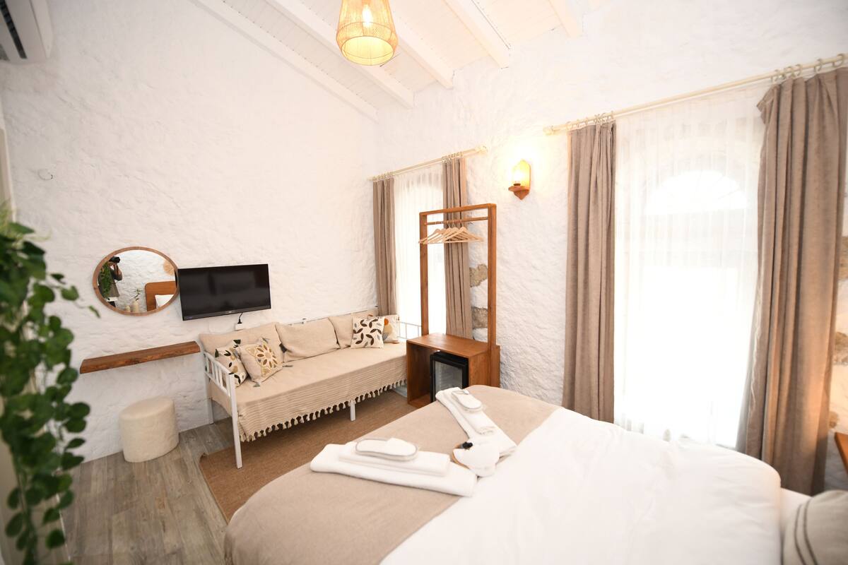 A hotel room with a bed, a sofa, a TV, a mirror, and a window with curtains.
