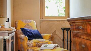 A room with a patterned armchair, a blue pillow, and a book on a small table.
