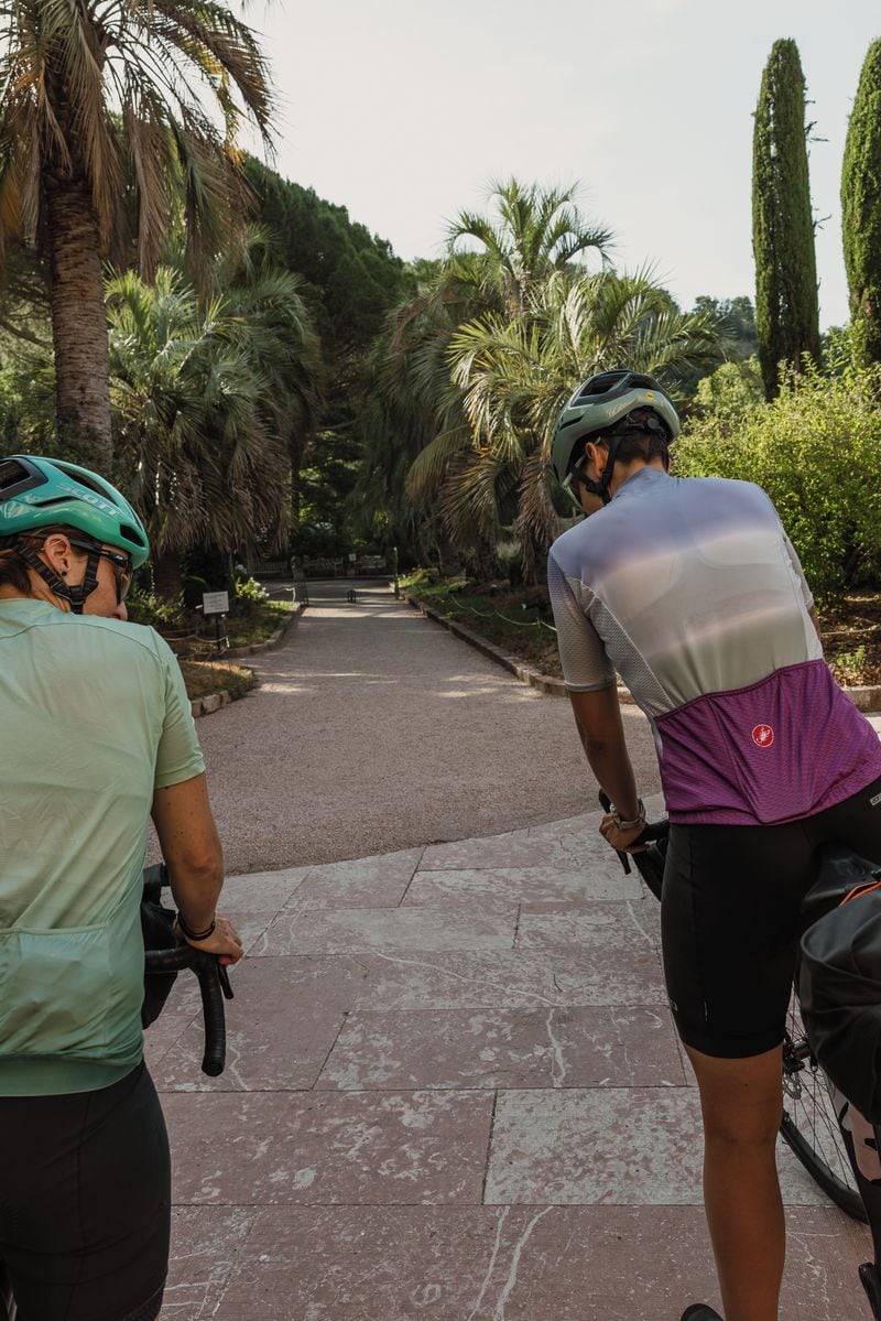 Zwei Radfahrer auf einem befestigten Weg, umgeben von Palmen und Grünpflanzen.