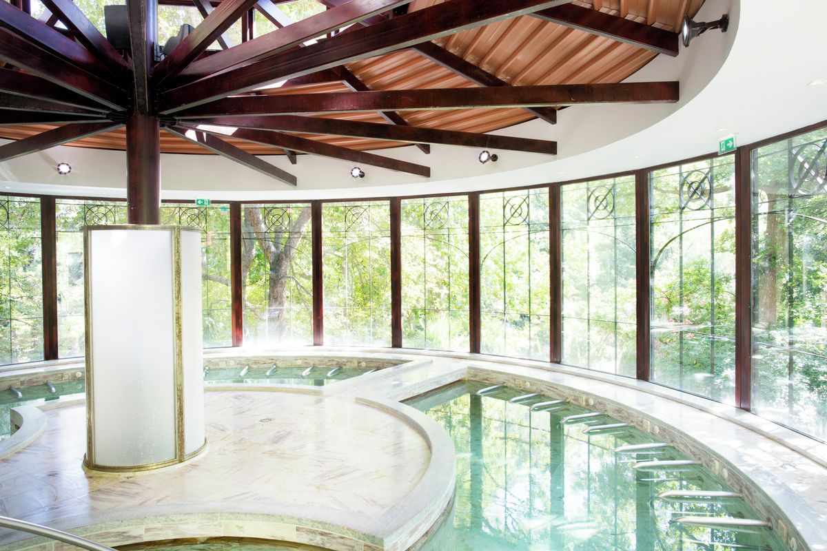 Una piscina circular techada con madera y grandes ventanales.