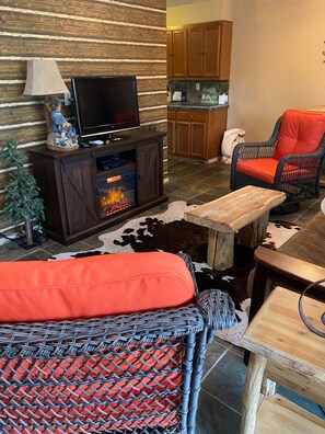 Tv, eldstad och dvd-spelare