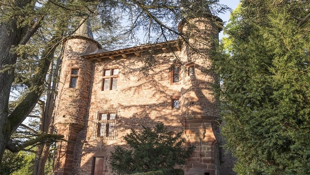 Un castillo de piedra con una torre central, rodeado de árboles.
