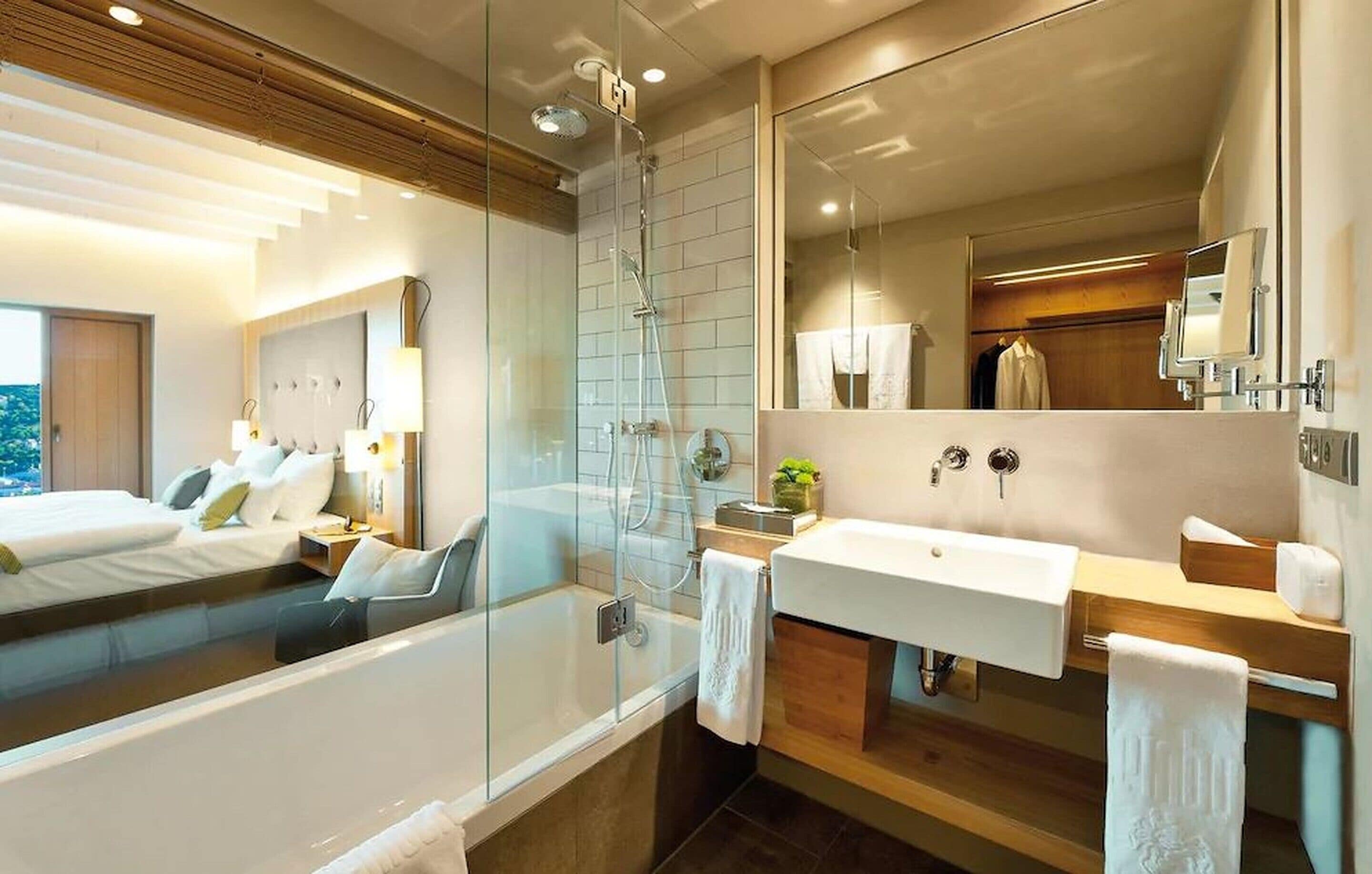 double room (refugium doppelzimmer 2) | bathroom | free toiletries, hair dryer, bathrobes, towels