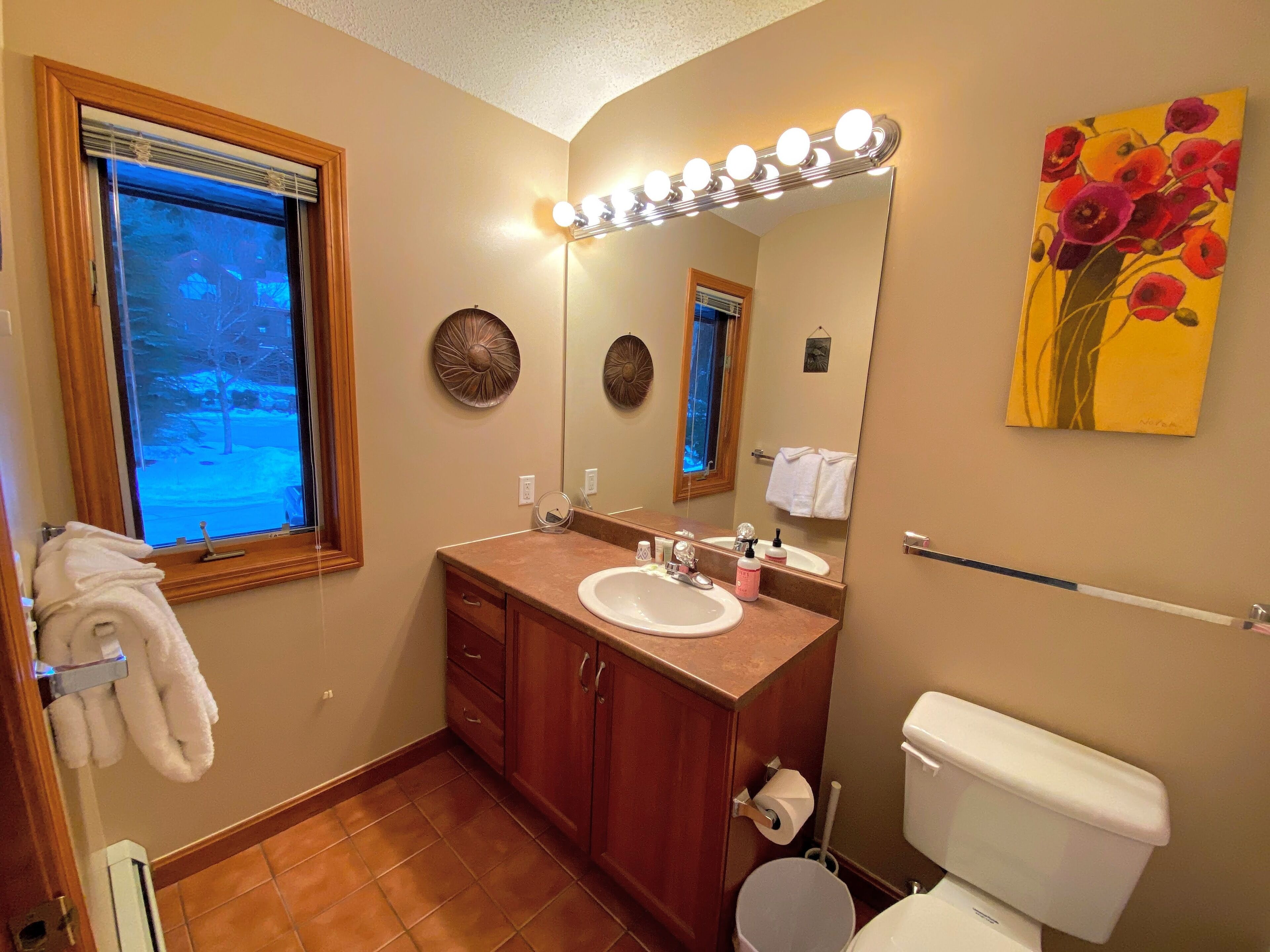 A bathroom with a vanity, sink, mirror, and toilet.
