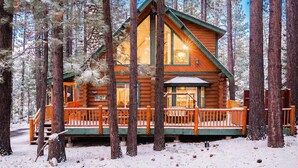 Una baita di legno con veranda e ampie finestre, circondata da alberi alti e immersa nella neve.