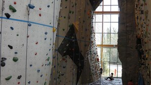 An indoor climbing gym with multiple climbing walls, padded flooring, and large windows allowing natural light.