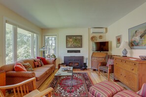 TV, fireplace, DVD player, music library