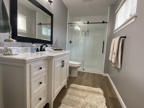 Hair dryer, towels, soap, toilet paper