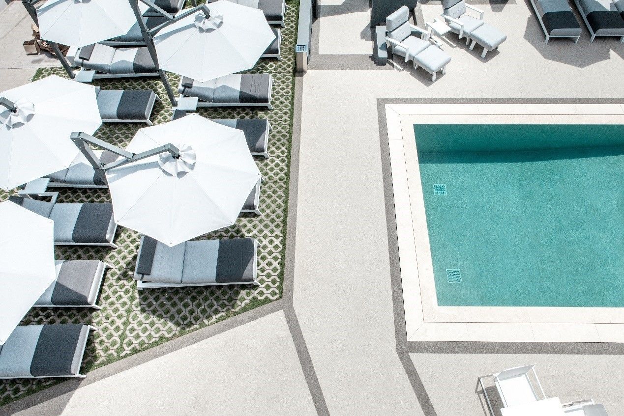 seasonal outdoor pool, pool umbrellas, pool loungers