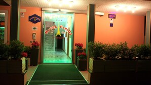 A hotel entrance with a green carpet, potted plants, and a neon sign.