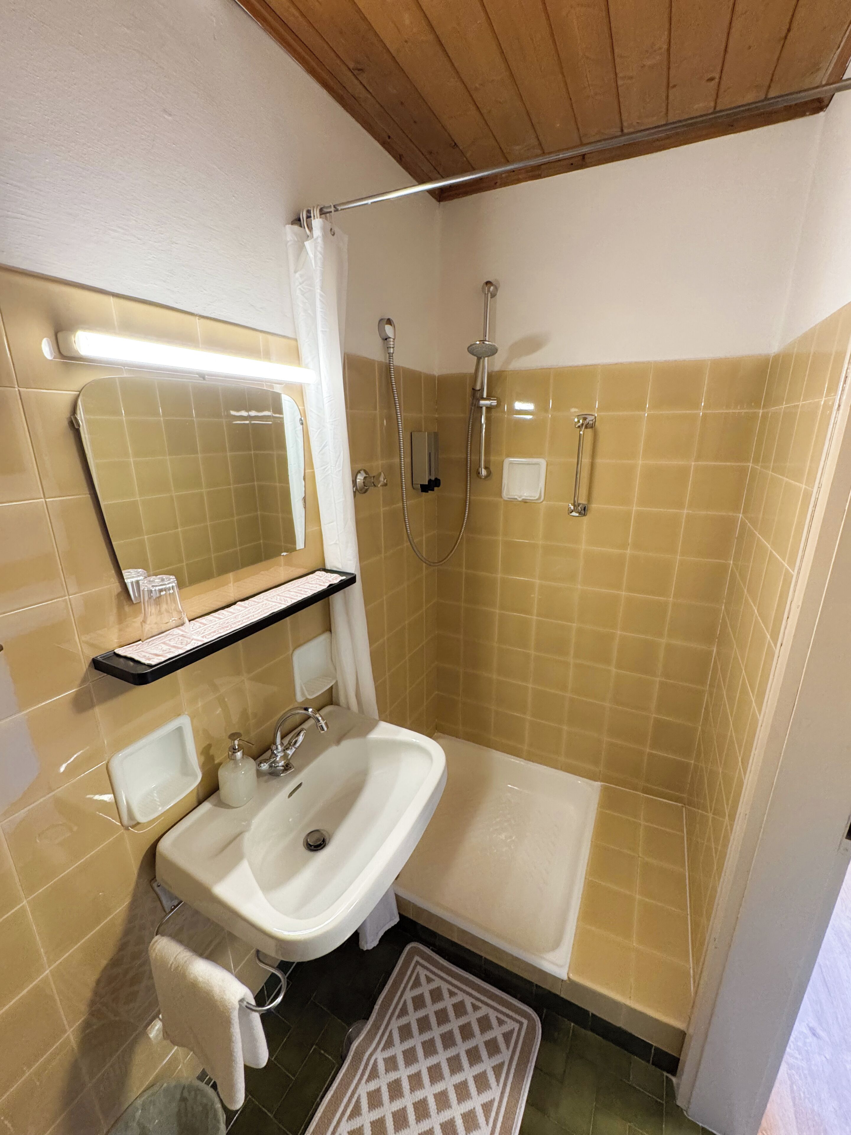 Une salle de bain équipée d’un lavabo, d’un miroir, d’une douche et d’un porte-serviettes.