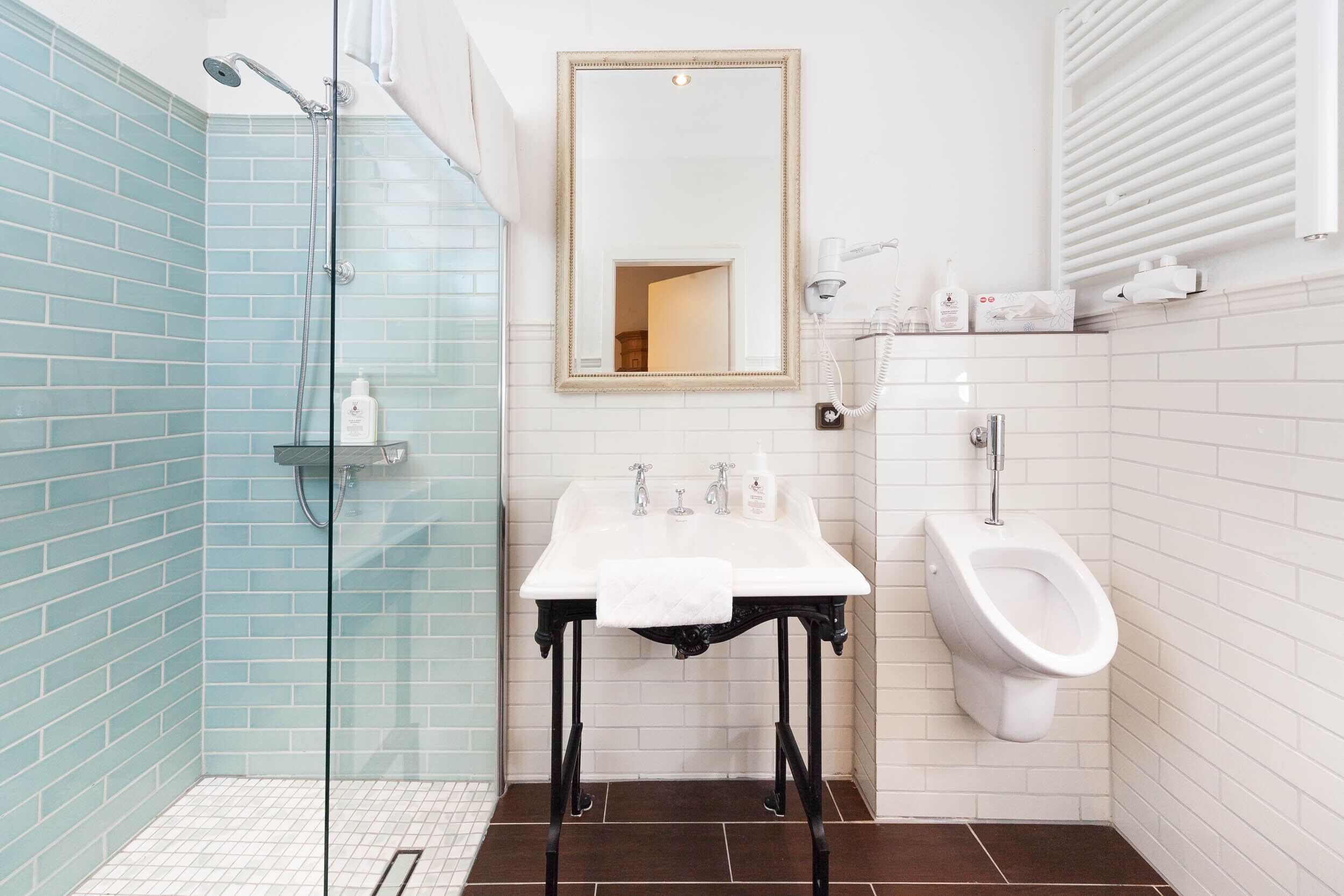 standard double room | bathroom | shower, hair dryer, towels