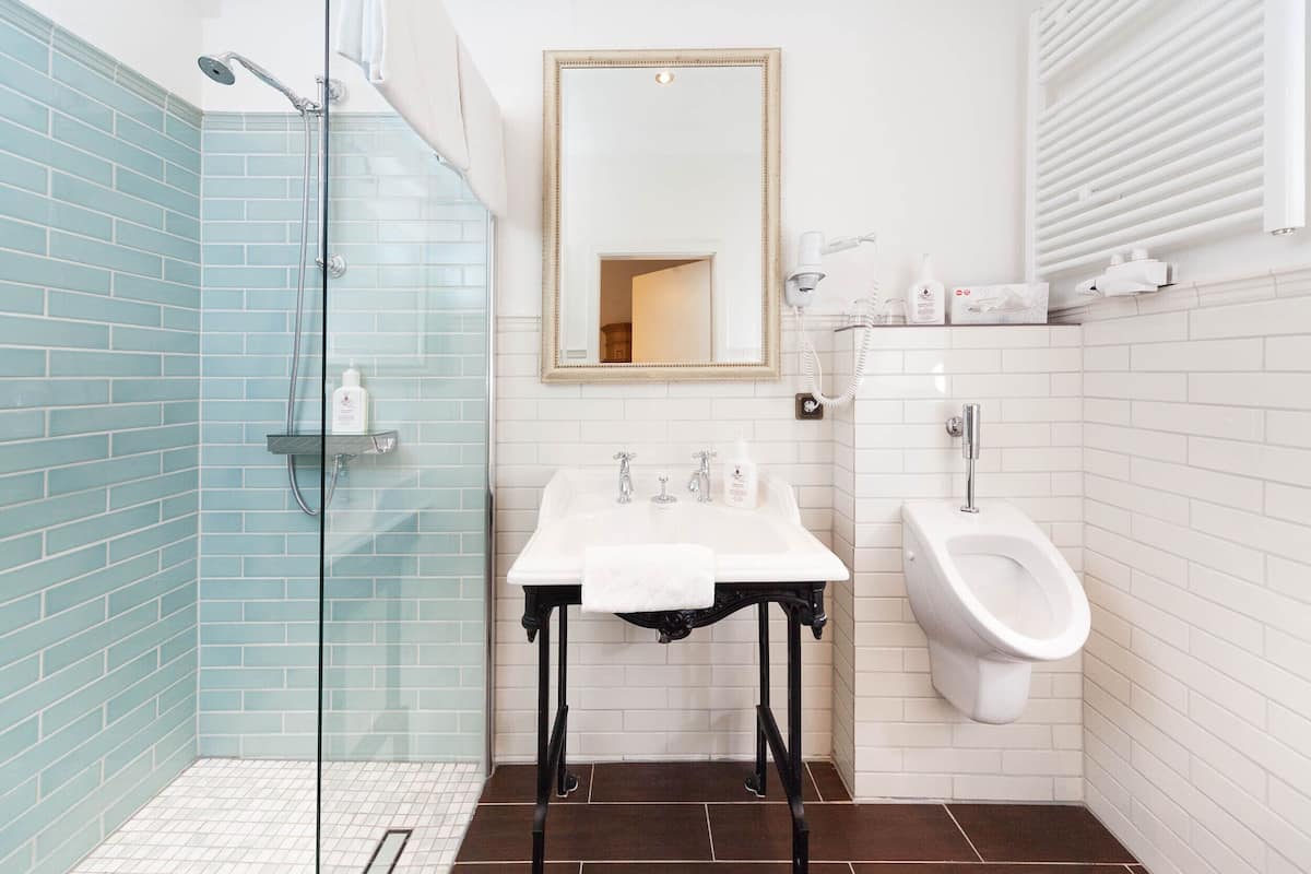 standard double room | bathroom | shower, hair dryer, towels