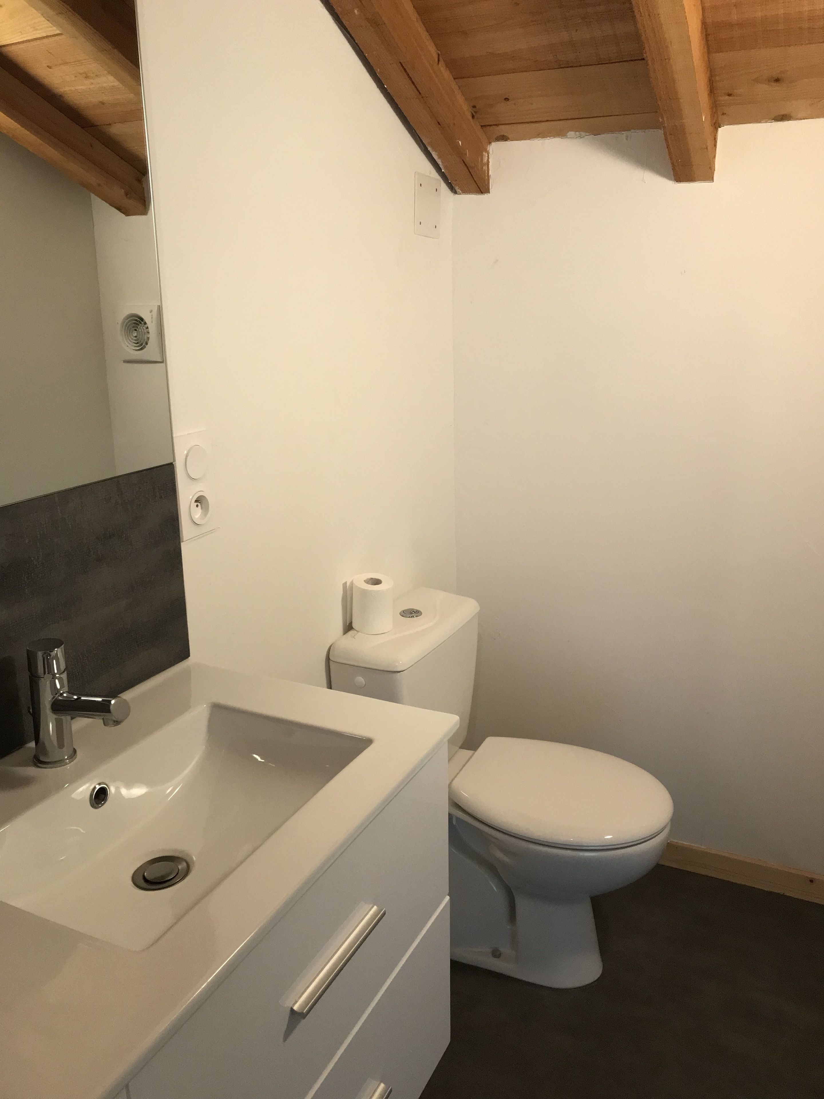 Une salle de bain avec un lavabo blanc, des toilettes et un miroir.