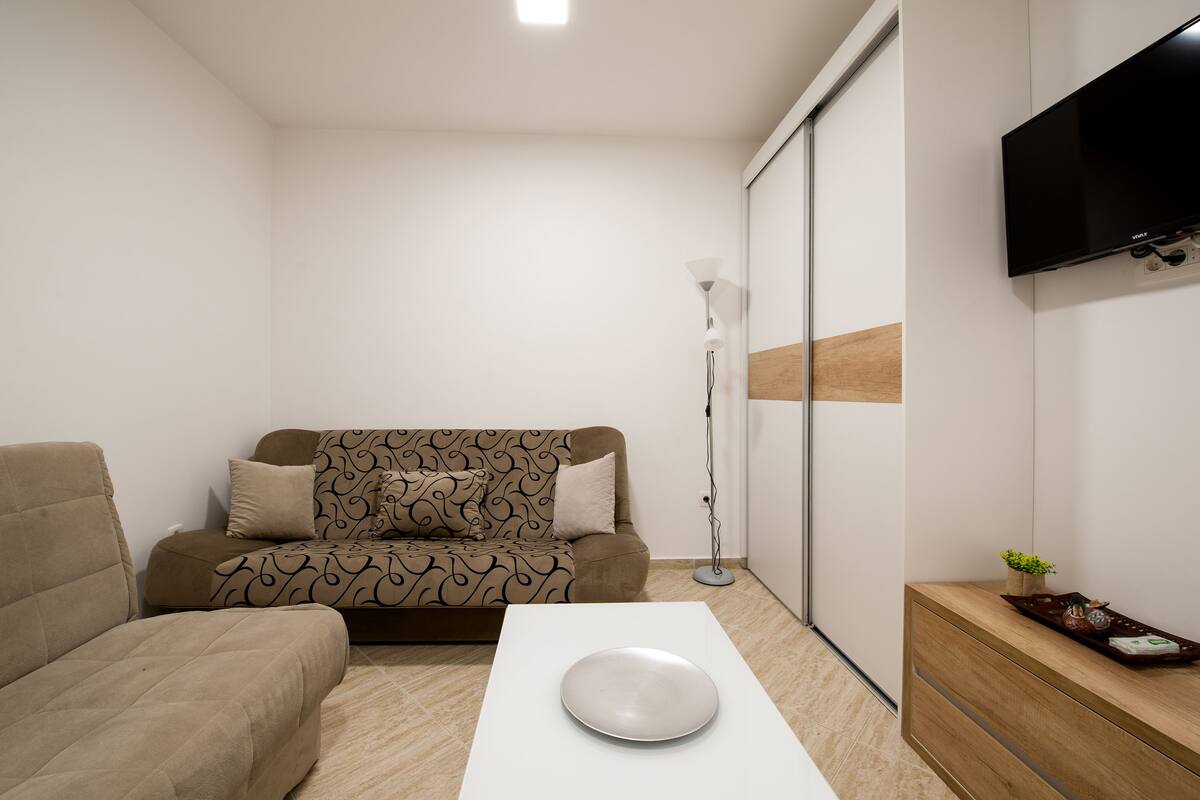 A modern living room with a sofa, a coffee table, a TV, and a small plant on a wooden side table.