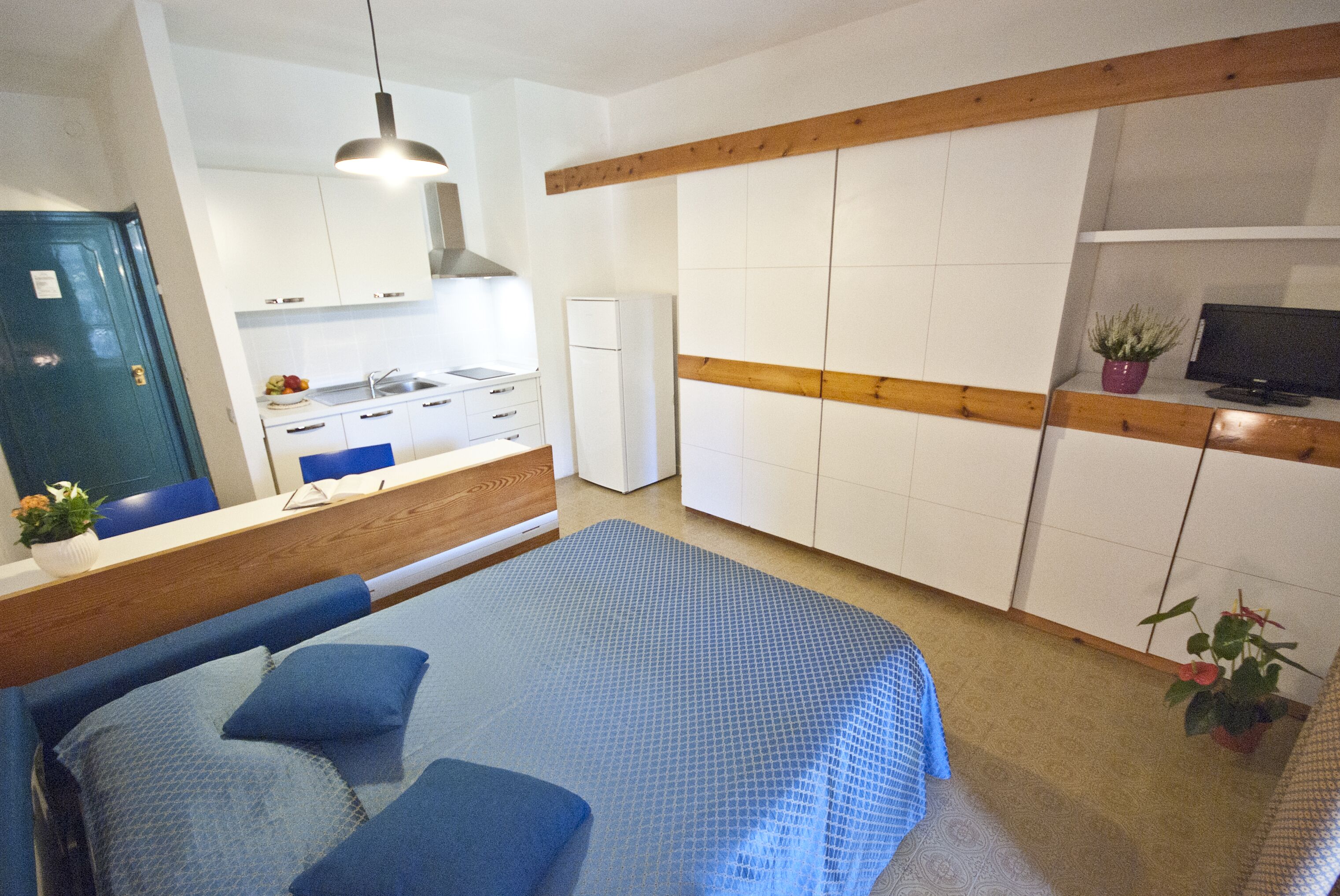 A bedroom with a bed, a wooden headboard, a bedside table, a nightstand, a TV, a dresser, a wardrobe, and a small kitchen area with a sink and a refrigerator.