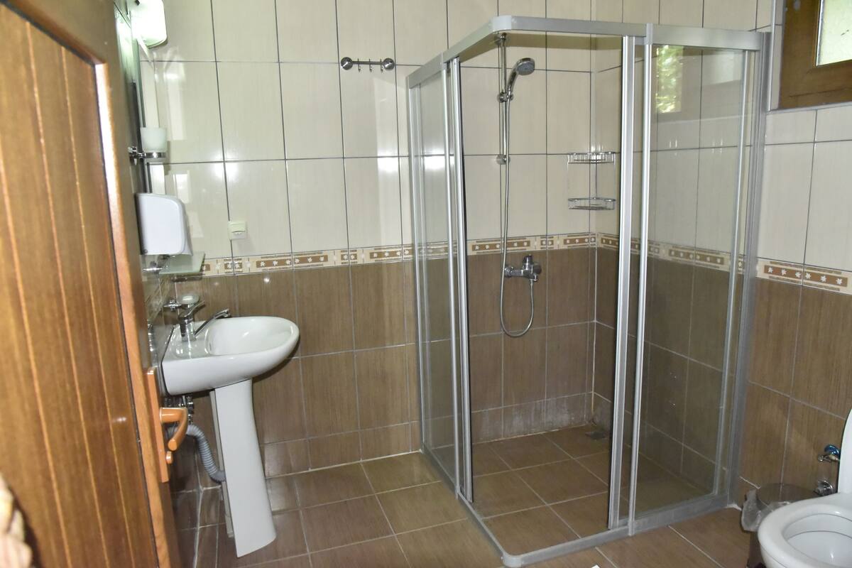 A bathroom with a glass-enclosed shower, a sink, and a toilet.