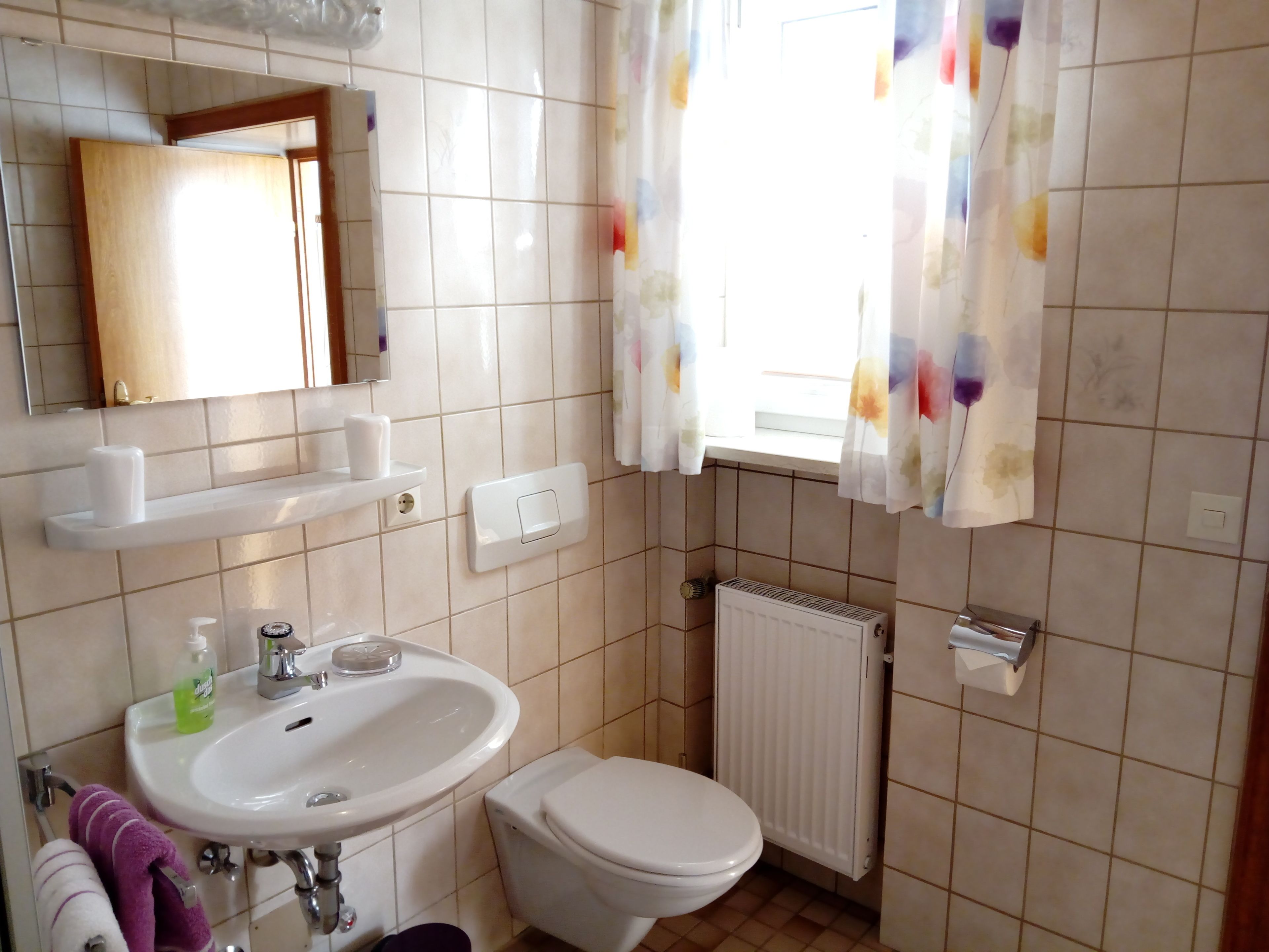 Ein Badezimmer mit Waschbecken, Toilette und Spiegel.