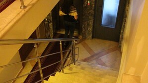 Un escalier avec une rampe métallique et une moquette à motifs.